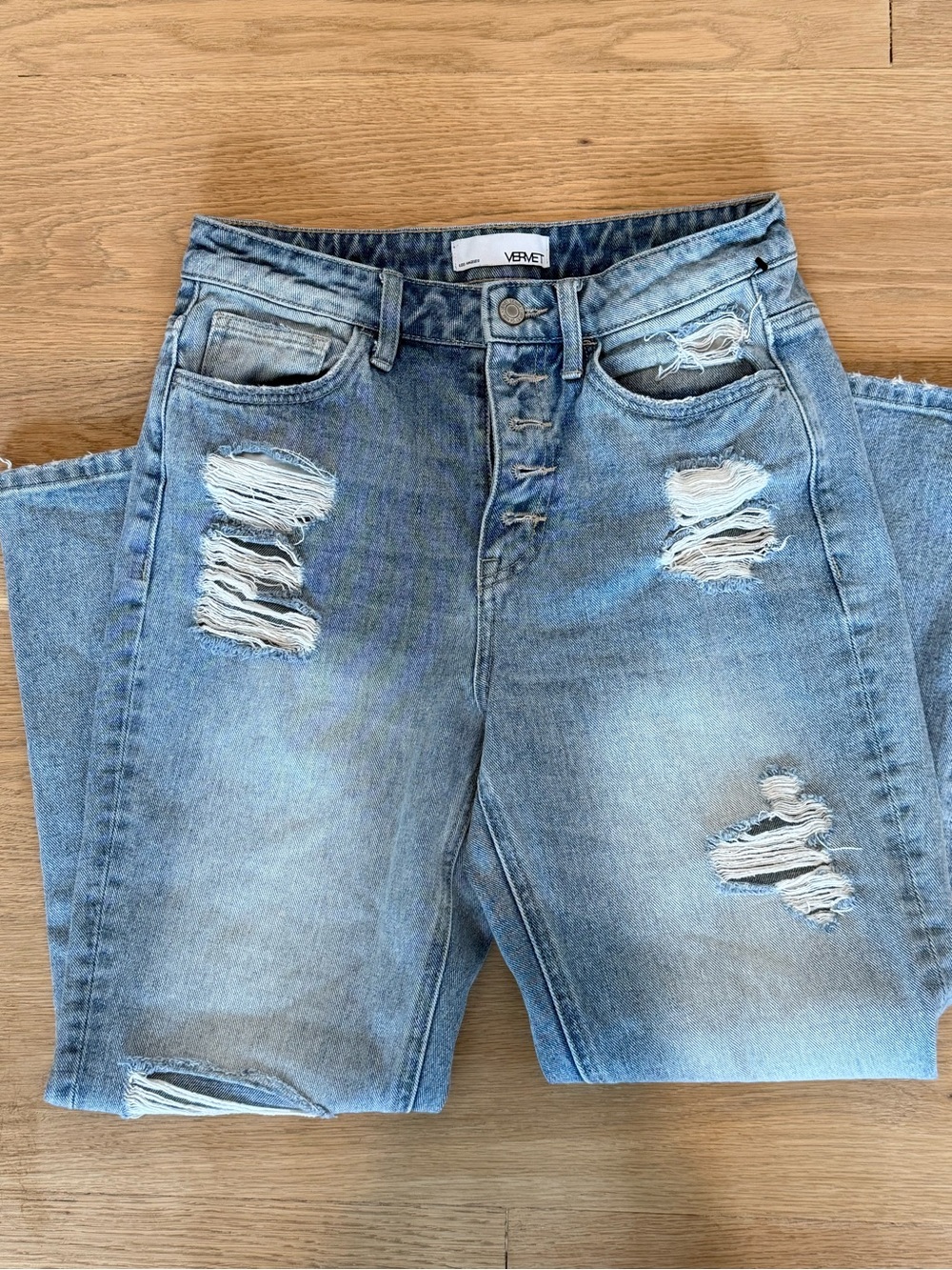 Women's Light Blue Distressed High-Rise Button Jeans Straight Leg - Picture 7 of 7